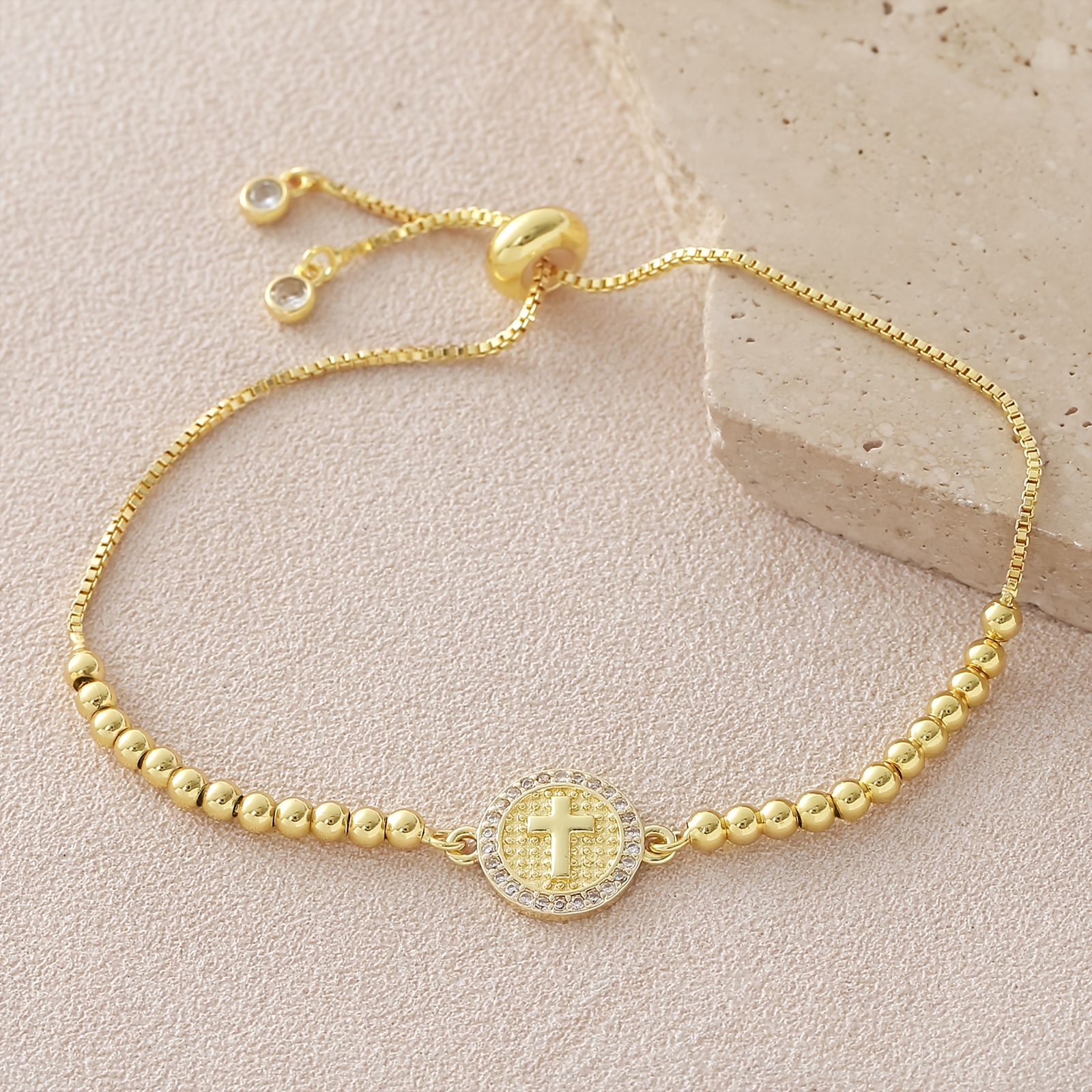 Women's 18K Gold-Plated Adjustable Bead Bracelet with Cross Pendant